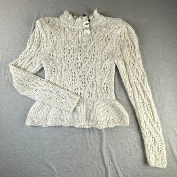 New Express Ruffle Mock Neck Pointelle Peplum Sweater White Gold Glam Holiday S - Picture 3 of 11